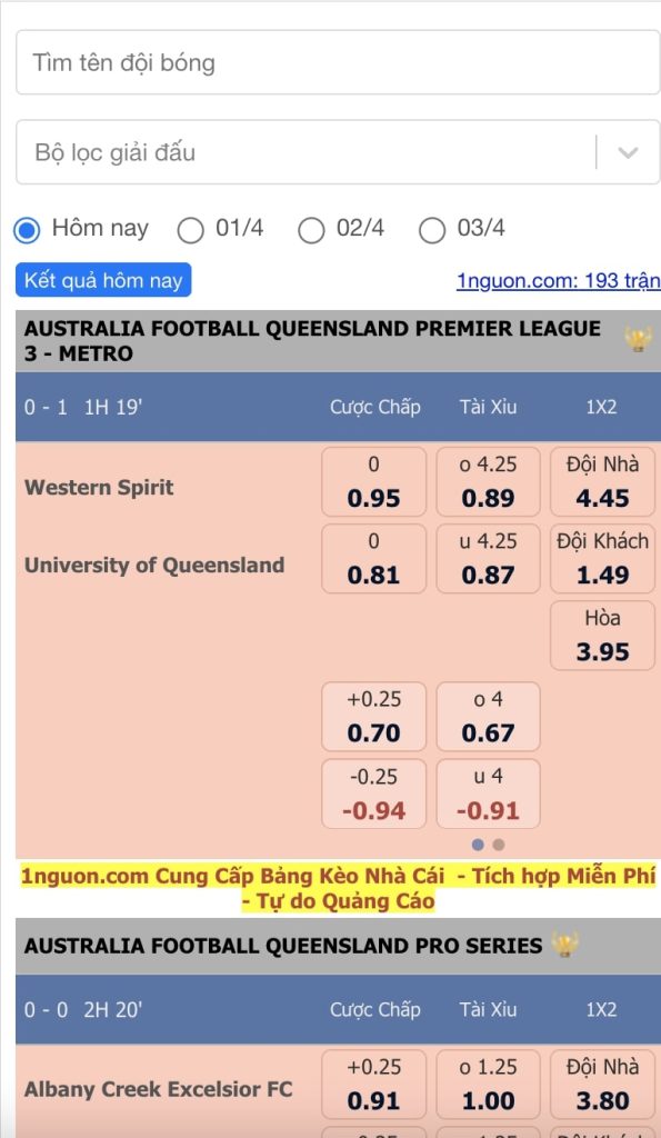 1nguon - Cung cấp miễn phí bảng kèo nhà cái (Free Oddsfeed) 3 kèo nhà cái 2